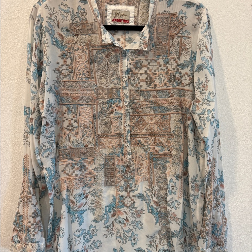 Johnny Was Biya Avery Boho Silk Tunic Button Down Blouse Women's Size Large